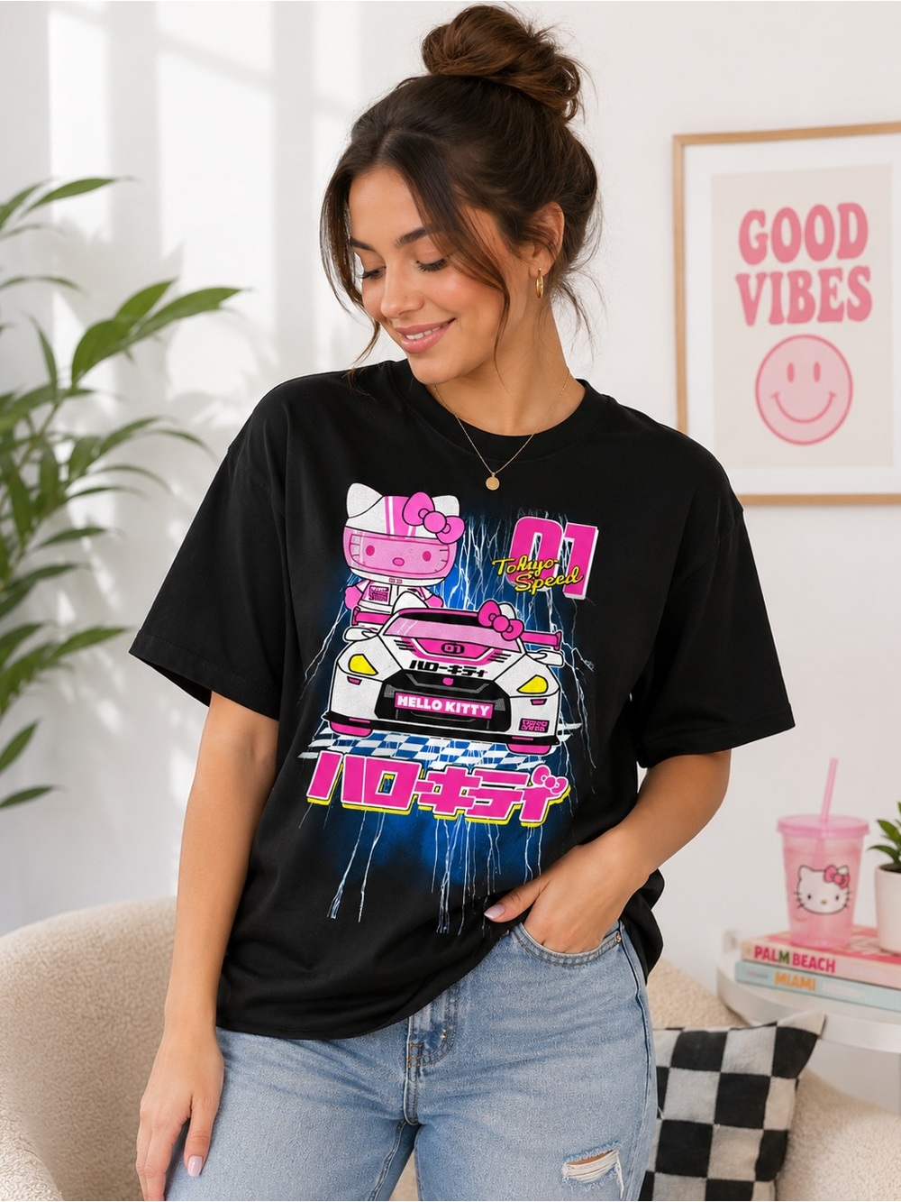 Hello Kitty Black Tee with Pink and Blue Racing Graphic